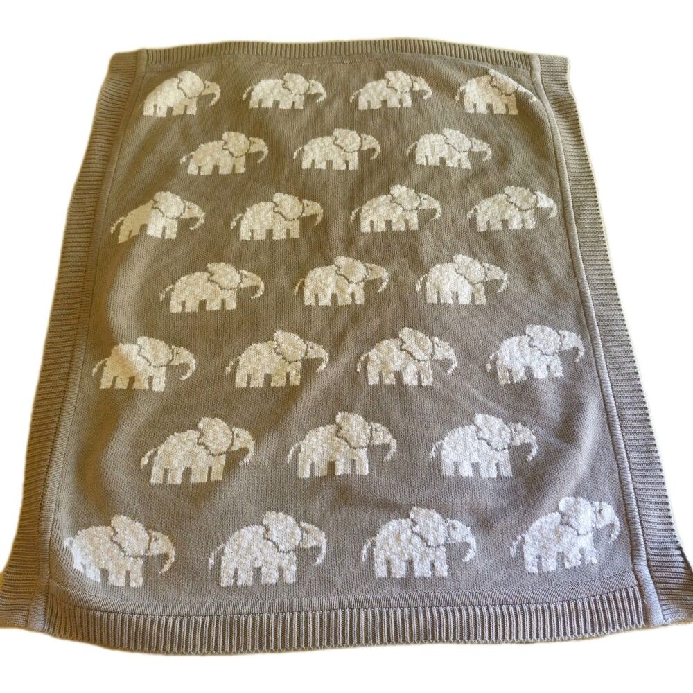 Made In India 100% Cotton Knit Baby Blanket Elephants Brown Beige